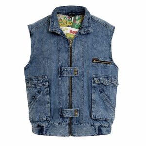 Vintage European Denim Utility Vest Cartoon Lined Zip Front Size L